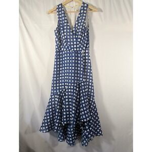 Eliza J Blue and White Gingham Faux Wrap Ruffle Hem Sleeveless Dress Size 2 READ